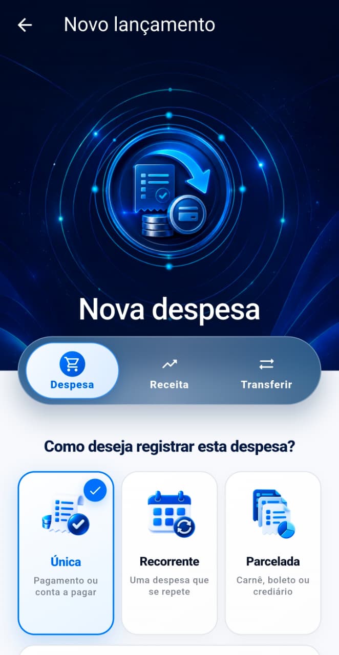 Tela de registro de uma despesa