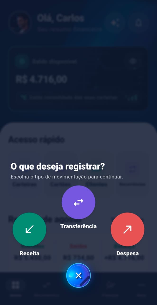 Tela de seleção entre entrada, saída e transferência